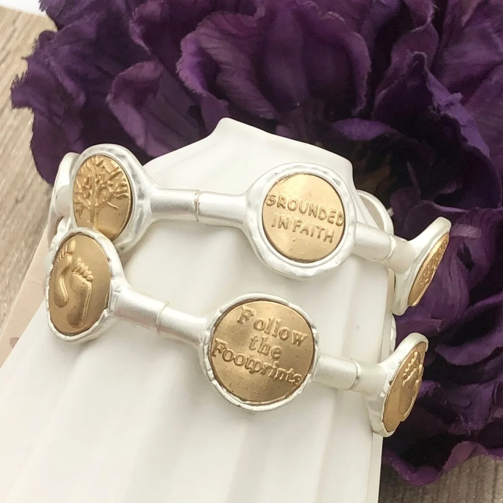 🌼 2-Tone Gold Silver Footprints or Tree of Life Metal Stretch Bracelet